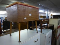 1960?S TEAK WOOD BOX STOOL/SEWING BOX, ON BLACK TV LEGS AND THE CONTENTS AND AN OAK OBLONG STOOL