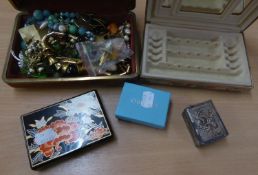 A QUANTITY OF COSTUME JEWELLERY, IN A BOX; A BOX OF EARRINGS AND A FABRIC COVERED TRINKET BOX