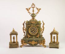 EARLY TWENTIETH CENTURY GILT METAL MOUNTED GREEN ONYX THREE PIECE CLOCK GARNITURE, THE CLOCK with