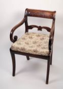 REGENCY FIGURED MAHOGANY CARVER?S ARMCHAIR, with scroll carved back rail, scroll arms and drop on