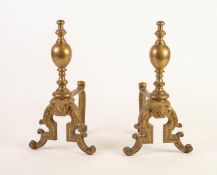 PAIR OF BRASS ANDIRONS, each with turned finial and mask capped supports, 12 ½? (31.7cm) high, (2)