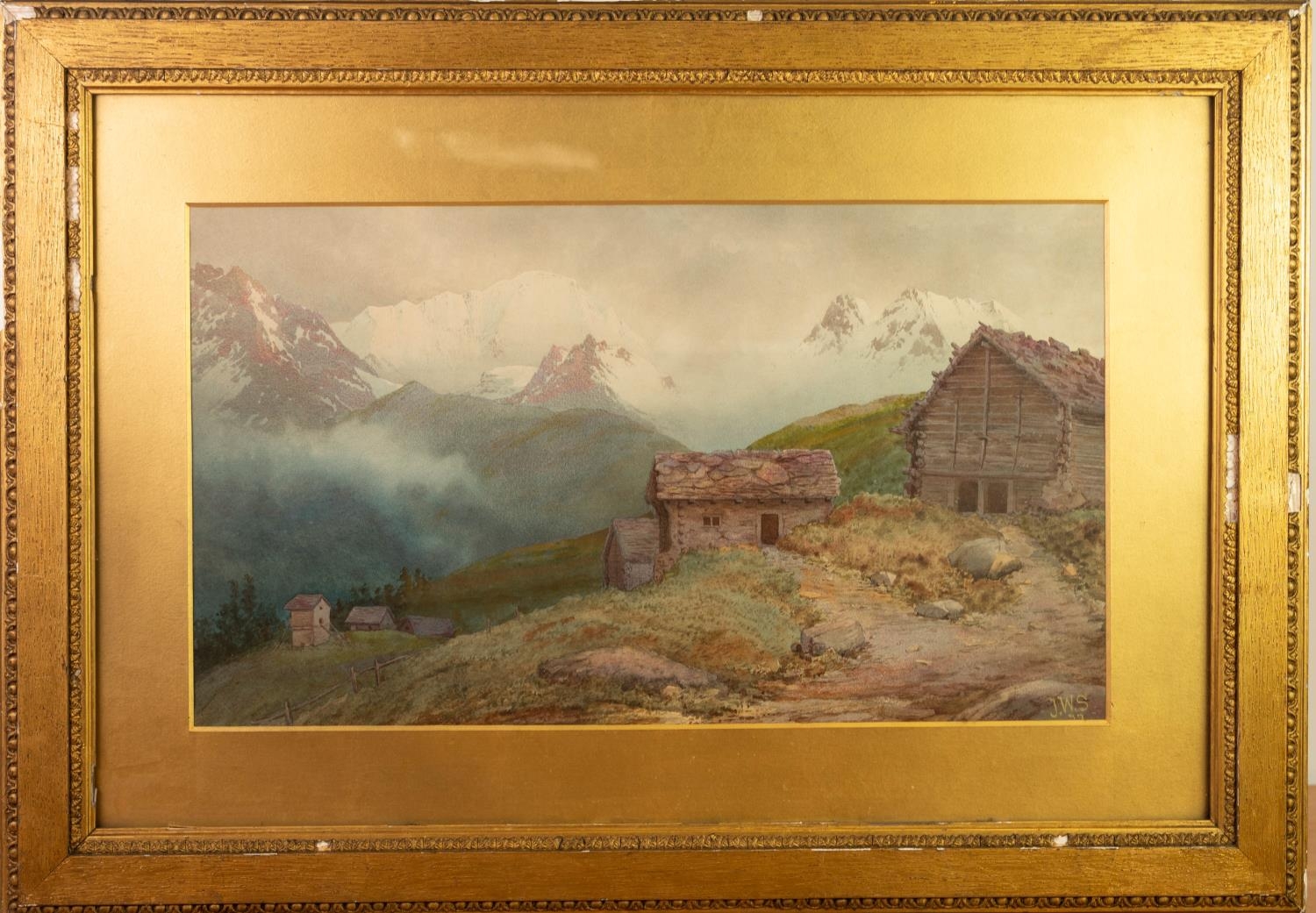 J.W.S. (EARLY TWENTIETH CENTURY) WATERCOLOUR DRAWING, POSSIBLY OVER A PRINTED IMAGE Alpine landscape - Image 3 of 4