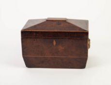 GEORGIAN LINE INLAID YEW WOOD TEA CADDY, of sarcophagus form with brass ring side handles and twin