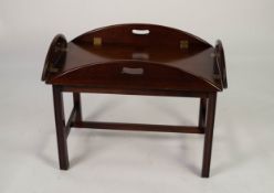 MODERN REPRODUCTION TWO HANDLED MAHOGANY BUTLER?S TRAY AND STAND, of typical for with folding