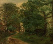 UNATTRIBUTED (NINETEENTH CENTURY) OIL PAINTING Tree lined country lane beside a cottage Unsigned