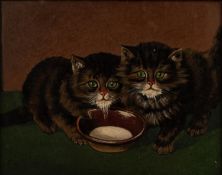 LOUIS WILLIAM WAIN (1860-1939) OIL PAINTING ON BOARD Two cats drinking milk from a bowl Signed