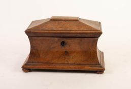 VICTORIAN FIGURED WALNUT TEA CADDY, of waisted form with twin, lidded compartments to the interior