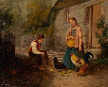 CHARLES ASHMORE (1851-1925) PAIR OF OIL PAINTINGS Children playing Farmyard scene with children