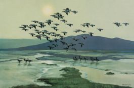 AFTER PETER SCOTT  ARTIST SIGNED REPRODUCTION COLOUR PRINT Geese in flight over an estuary at low