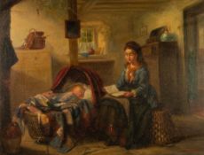 GERTRUDE JAMESON BARNES (1865-1939) OIL PAINTING ON CANVAS ?Maternal Cares? Signed, titled to