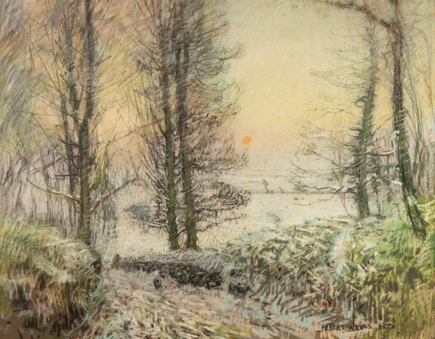 ALBERT WOODS (1871-1944) PASTEL DRAWING Winter landscape with trees in the foreground Signed 18 ½? x