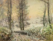 ALBERT WOODS (1871-1944) PASTEL DRAWING Winter landscape with trees in the foreground Signed 18 ½? x