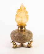 INDIAN EMBOSSED BRASS TABLE LAMP, of compressed orbicular form with three elephant pattern