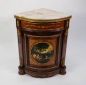 LOUIS XVI STYLE GILT METAL MOUNTED AND MARQUETRY INLAID BOW FRONTED FLOOR STANDING CORNER CUPBOARD