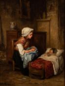 PAULINE-ELISE-LEONIDE BOURGES (1838 - 1909) OIL PAINTING ON CANVAS Watching Baby Signed lower