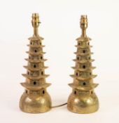 PAIR OF CHINESE ENGRAVED BRASS PAGODA PATTERN TABLE LAMPS, each of seven tier tapering form,