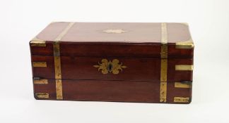 AN EARLY NINETEENTH CENTURY MAHOGANY BRASS BOUND WRITING BOX, with interior faults commensurate with