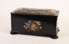 VICTORIAN PAPIER MACHE AND MOTHER OF PEARL INLAID TEA CADDY, of oblong form with dome top and