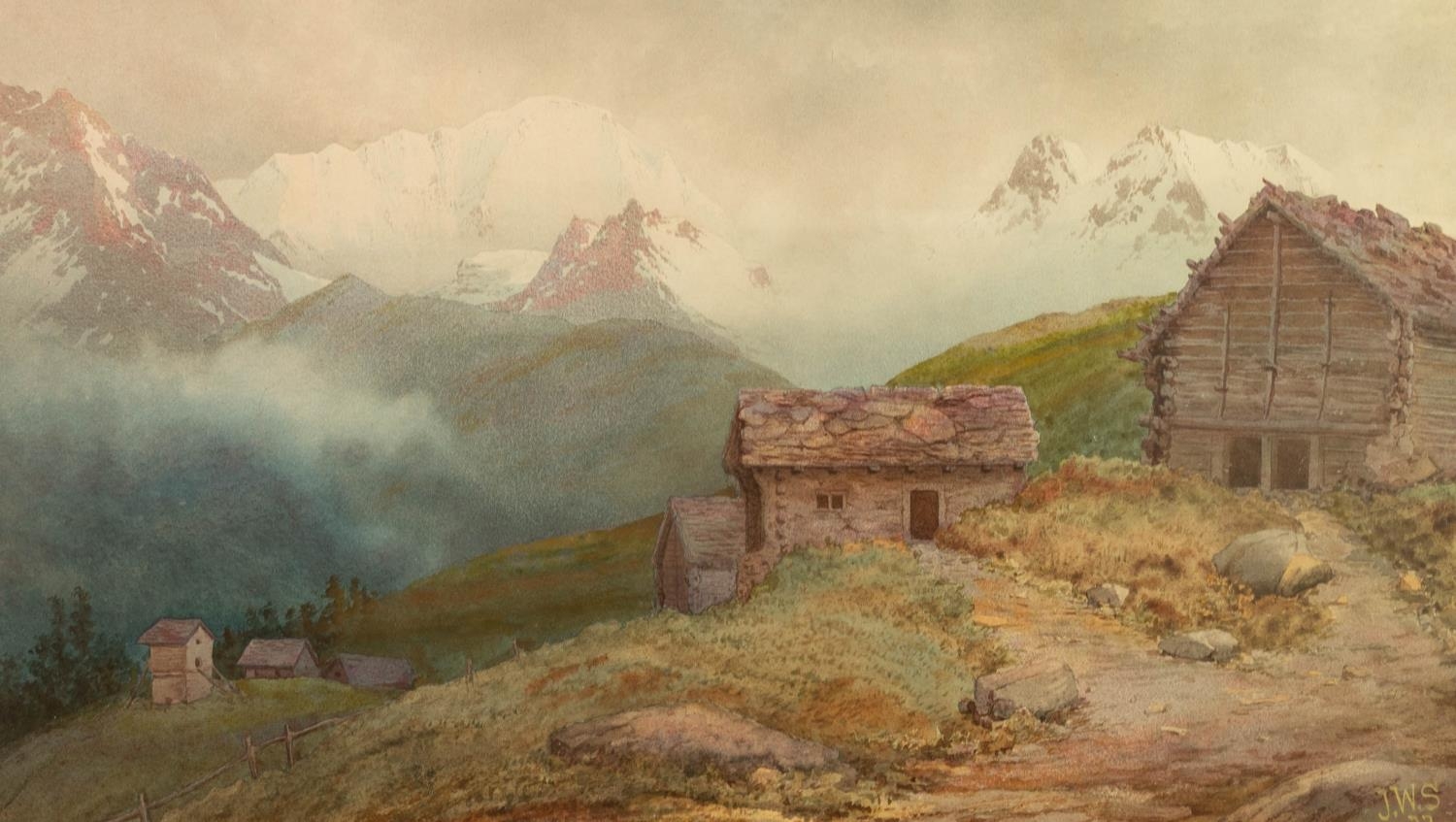 J.W.S. (EARLY TWENTIETH CENTURY) WATERCOLOUR DRAWING, POSSIBLY OVER A PRINTED IMAGE Alpine landscape - Image 2 of 4