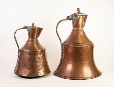 MIDDLE EASTERN SEAMED COPPER BELL SHAPED JUG AND COVER, 19? (48.3cm) high, together with ANOTHER,