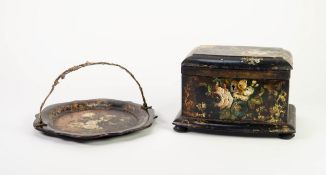NINETEENTH CENTURY BLACK LACQUERED AND HAND PAINTED TEA CADDY, of bow fronted form with compressed