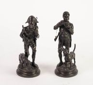 ALFRED DUBUCAND, TWO 19th CENTURY FRENCH BROWN PATINATED BRONZE FIGURES OF HUNTERS, each with