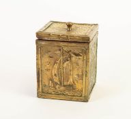 ARTS AND CRAFTS EMBOSSED BRASS CLAD TEA CADDY, of oblong form with domed knop/ handle to the pull-