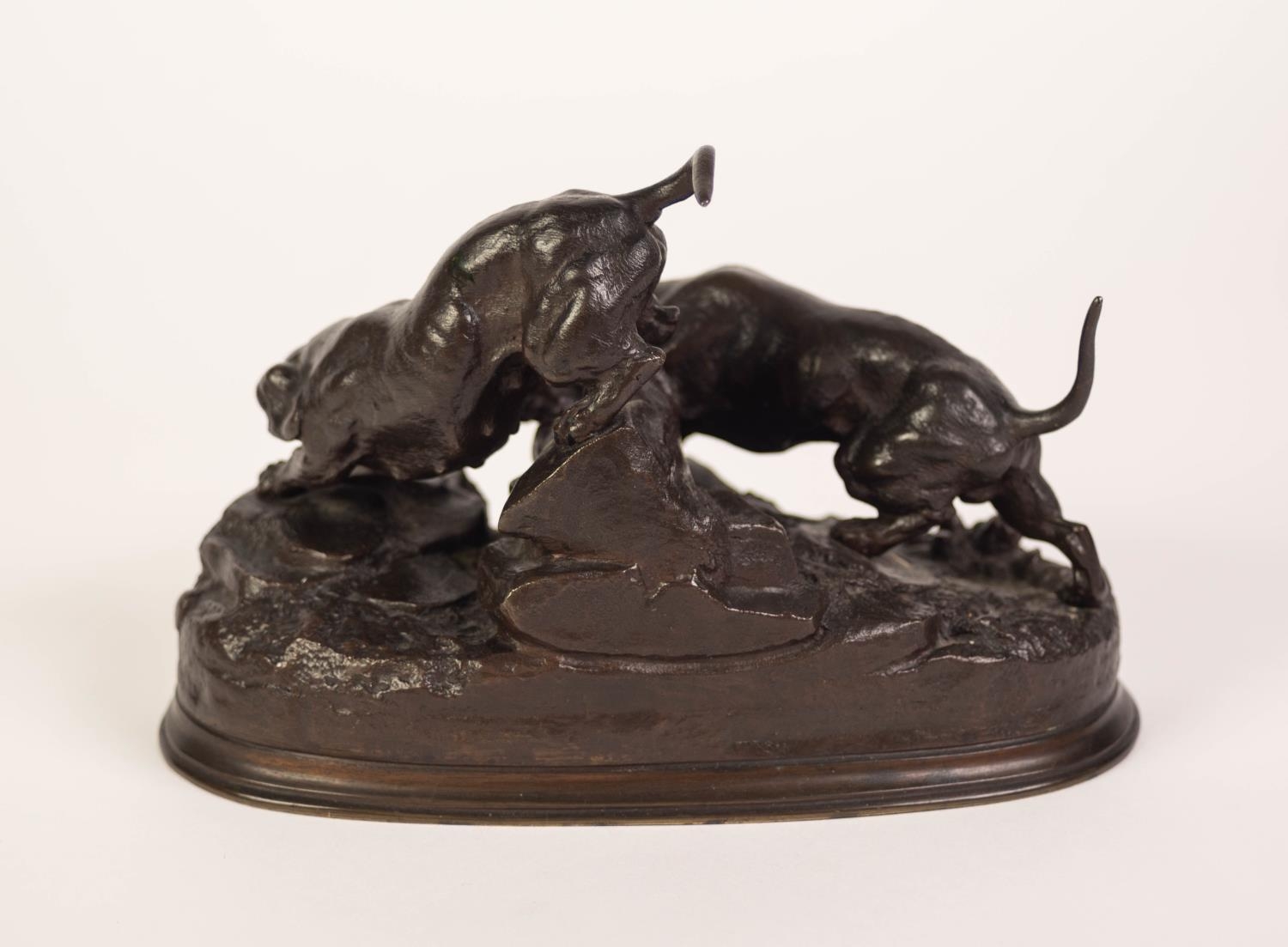 CAST FROM A MODEL BY JULES MOIGNIEZ (1835-1894)   A PATINATED BRONZE OF TWO MALE AND FEMALE GUNDOGS, - Image 2 of 2