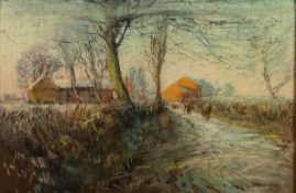 ALBERT WOODS (1871-1944) PASTEL DRAWING Cattle on a rural with farm buildings in the distance Signed