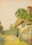 FREDERICK HAYES WATERCOLOUR WITH BODYCOLOUR Surrey Cottage Garden Signed lower left, titled on