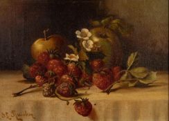 J.S.RAINBON(?), (EARLY TWENTIETH CENTURY) OIL PAINTING ON CANVAS Still-life, strawberries and apples