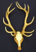 LARGE PAIR OF THIRTEEN POINTED STAG ANTLERS, mounted on a moulded mahogany plaque, dated 1992, 41? x