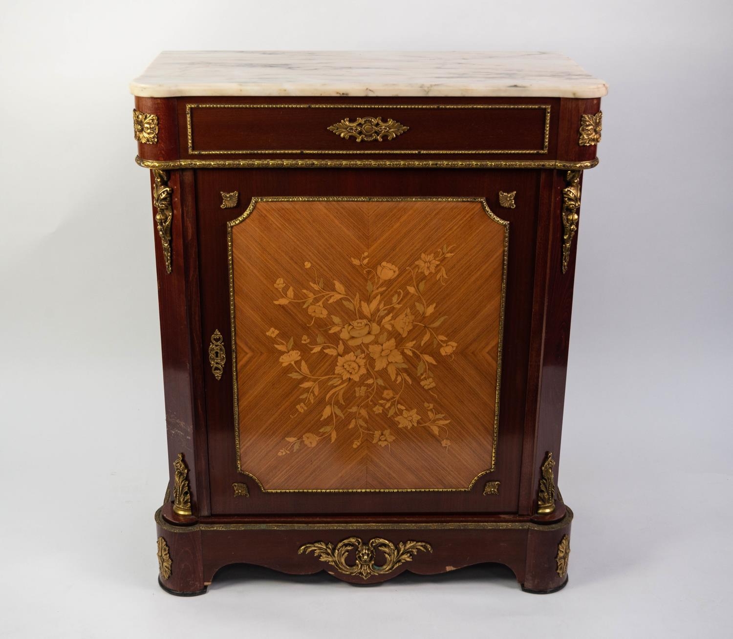 LOUIS XVI STYLE GILT METAL MOUNTED AND MARQUETRY INLAID SIDE CABINET WITH WHITE VEINED MARBLE TOP,