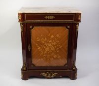 LOUIS XVI STYLE GILT METAL MOUNTED AND MARQUETRY INLAID SIDE CABINET WITH WHITE VEINED MARBLE TOP,