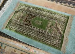 TURKISH SMALL PRAYER RUG, the green field decorated with a chandelier, multiple border stripes in