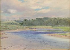 HUGH B. SCOTT (EARLY TWENTIETH CENTURY) OIL PAINTING ON BOARD River landscape Signed 9 ½? x 13 ½? (