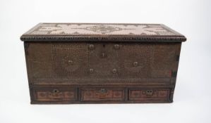 PROBABLY DUTCH, EIGHTEENTH CENTURY BRASS STUDDED AND MOUNTED TEAK WOOD MULE CHEST, of typical form