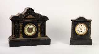 LATE VICTORIAN GILT METAL MOUNTED BLACK SLATE MANTLE CLOCK, the 4? dial with pierced centre, powered