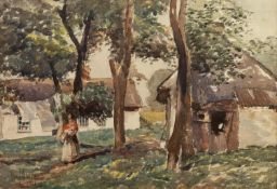 THEODORE JAMES GRACEY (1895-1959) WATERCOLOUR DRAWING Maid with baby walking between cottages Signed