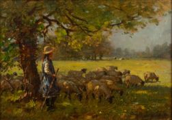 WILLIAM KAY BLACKLOCK (1872-1924) OIL PAINTING ON BOARD Young shepherdess with flock shading beneath