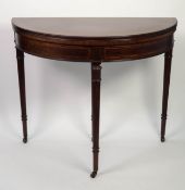 GEORGIAN STYLE LINE INLAID AND FIGURED MAHOGANY DEMI-LUNE CARD TABLE, the crossbanded top