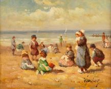 WESLEY (TWENTIETH CENTURY) OIL PAINTING ON BOARD Beach scene with figures 7 ¾? x 9 ½? (19.7cm x 24.