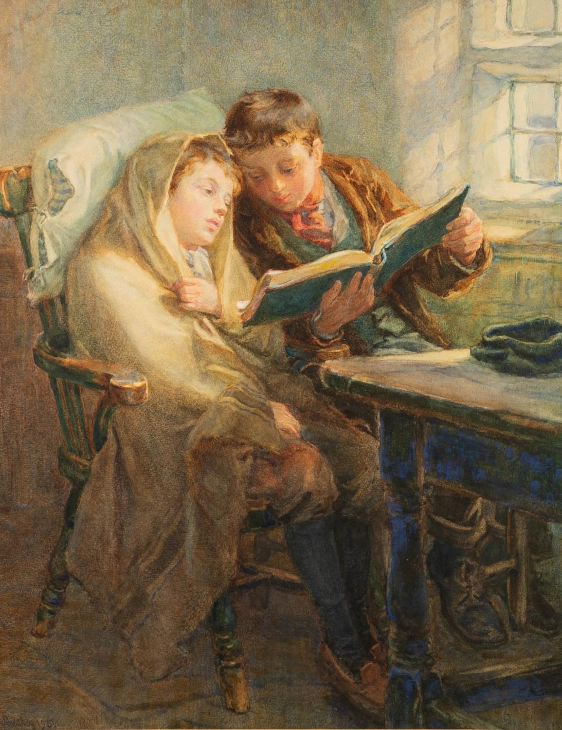 RALPH HEDLEY (1851-1913) WATERCOLOUR DRAWING Boy reading to an unwell sibling in a cottage