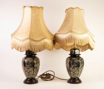 MODERN PAIR OF CHINESE VASE PATTERN CERAMIC TABLE LAMPS, floral printed in colours and gilt and with