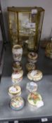 AYNSLEY 'PEMBROKE' CHINA SMALL VASE; NINE DECORATIVE CHINA SMALL boxes; a brass framed glass small