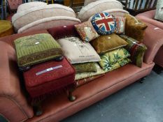 TWO SMALL UPHOLSTERED FOOTSTOOLS AND A GOOD SELECTION OF DECORATIVE SCATTER CUSHIONS