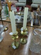 A BRASS PORTABLE CANDLE HOLDER WITH GLASS SHADE AND BRASS SNUFFER, A PAIR OF ARTS AND CRAFTS