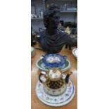 MIXED LOT OF CERAMICS, to include: BLACK PLASTER CLASSICAL MALE BUST, after the antique, MAIOLICA