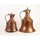 MIDDLE EASTERN SEAMED COPPER BELL SHAPED JUG AND COVER, 19? (48.3cm) high, together with ANOTHER,