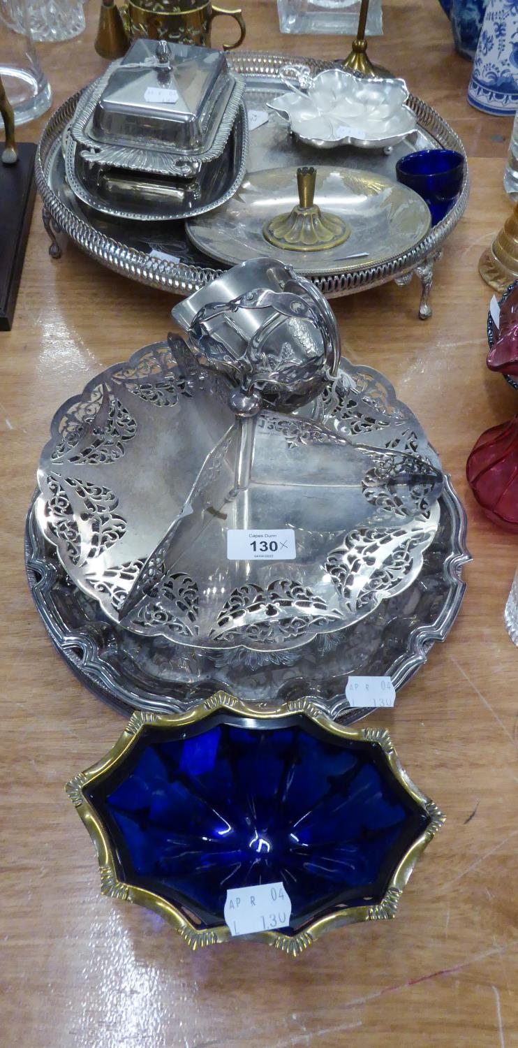SMALL MIXED LOT OF ELECTROPLATE, to include: PEDESTAL SUGAR BASKET WITH BLUE GLASS LINER, TWO
